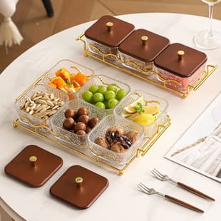 Vintage Light Luxury Square Glass Fruit Bowl with Solid Wood Dust Cover, Home Snack Fruit Storage Bowl with Iron Stand