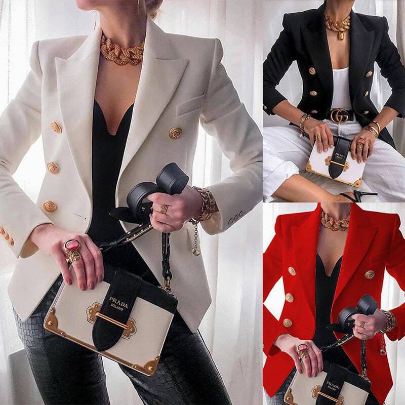 Fashionable Casual Solid Color Women's Blazer 2025 Spring Autumn Stylish Office Wear Polyester Fabric Double-Breasted Button