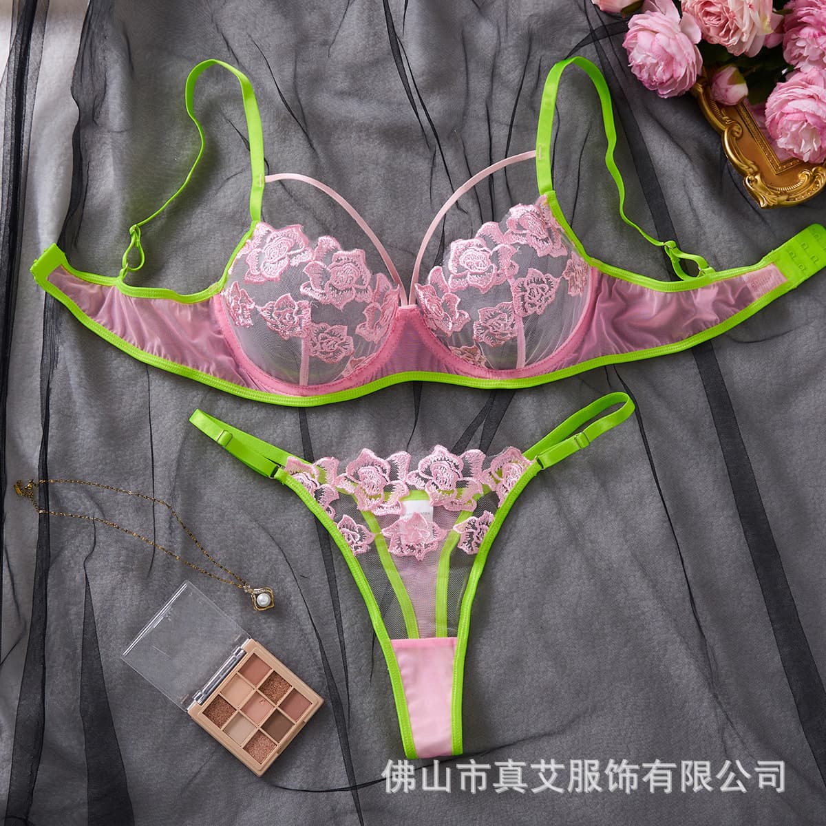 New Sexy Lingerie Set with a Pure and Alluring European and American Style, Featuring a Transparent Embroidered Mesh Bra and Thong