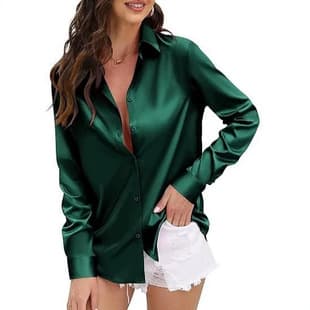 Women's Soft Satin Solid Button-Down Shirt Silk Long Sleeve Work Blouse Black Top