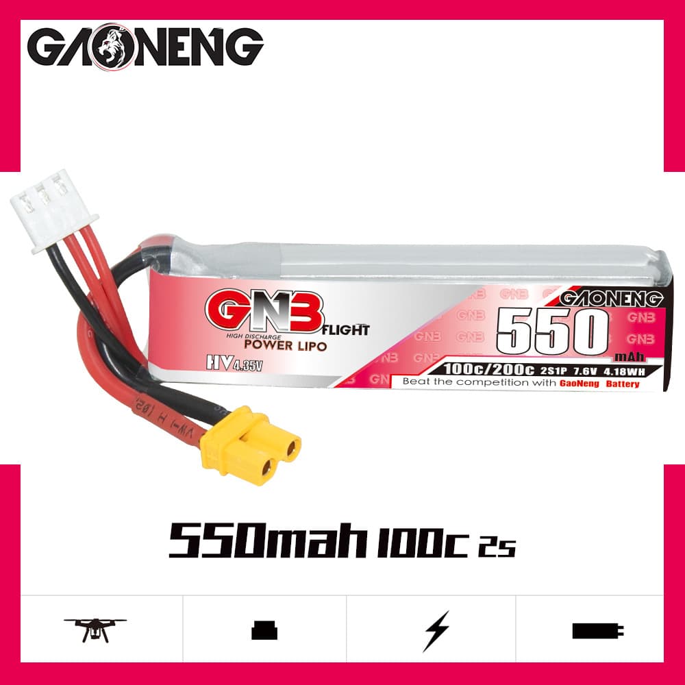 GNB High Energy 550mAh 2S 7.6V 100C HV Emax Tinyhawk Brushless FPV LiPo Battery