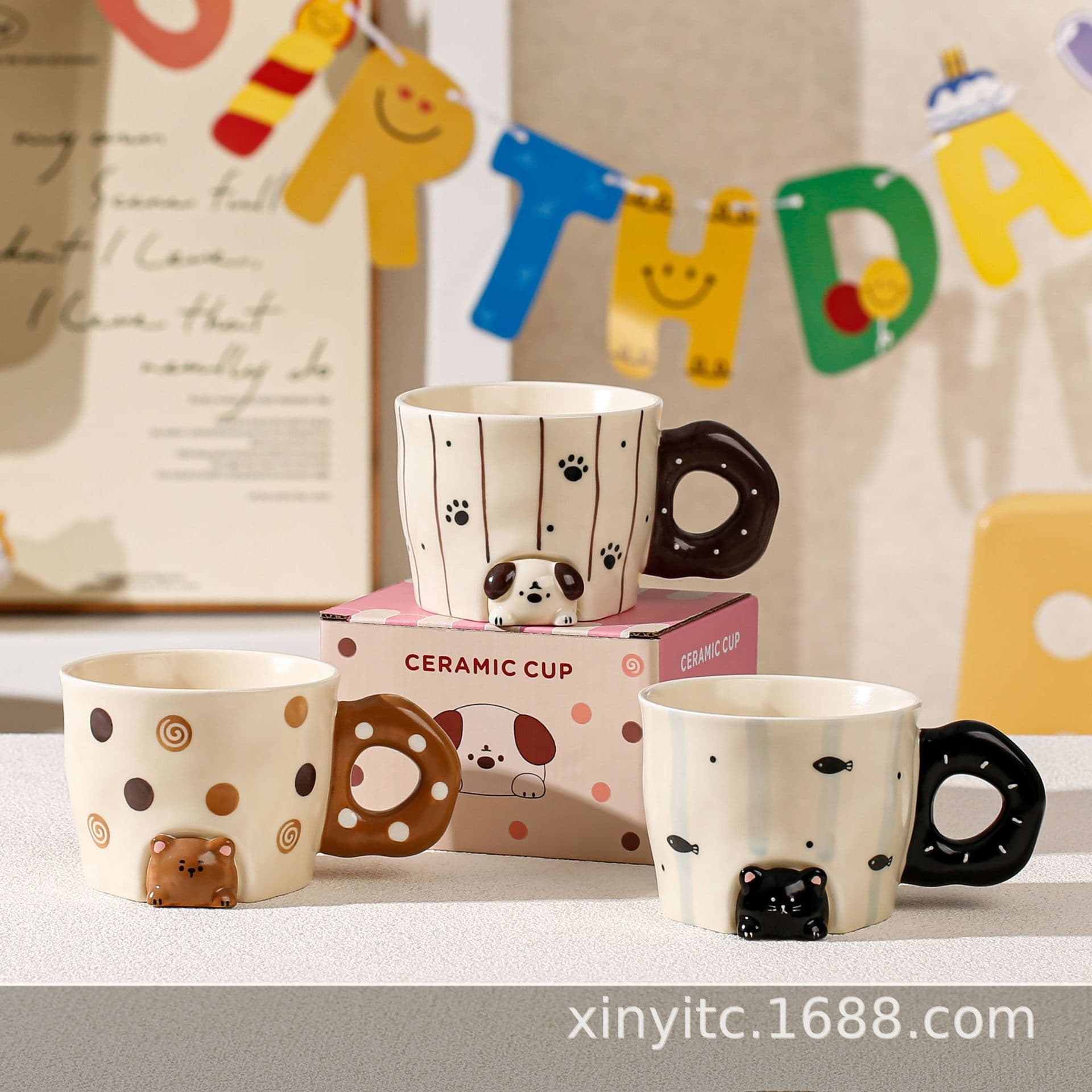 Ins-style 3D Animal Ceramic Mug with Donut Ring Handle, Cute Polka Dot Water Cup, Breakfast Cup