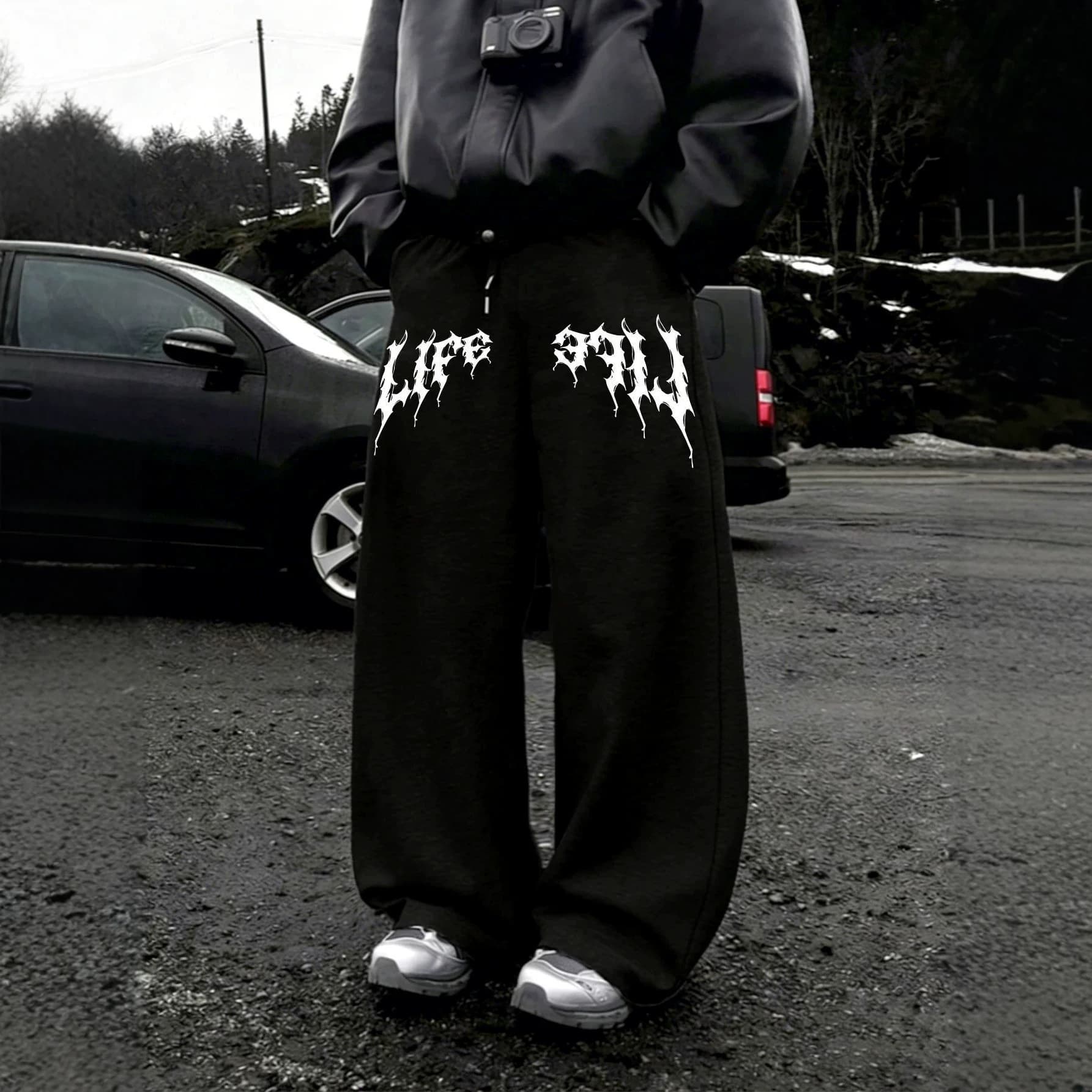 New spring and autumn Y2K dark gothic print loose slimming men's and women's lace-up sweatpants wide-leg sweatpants