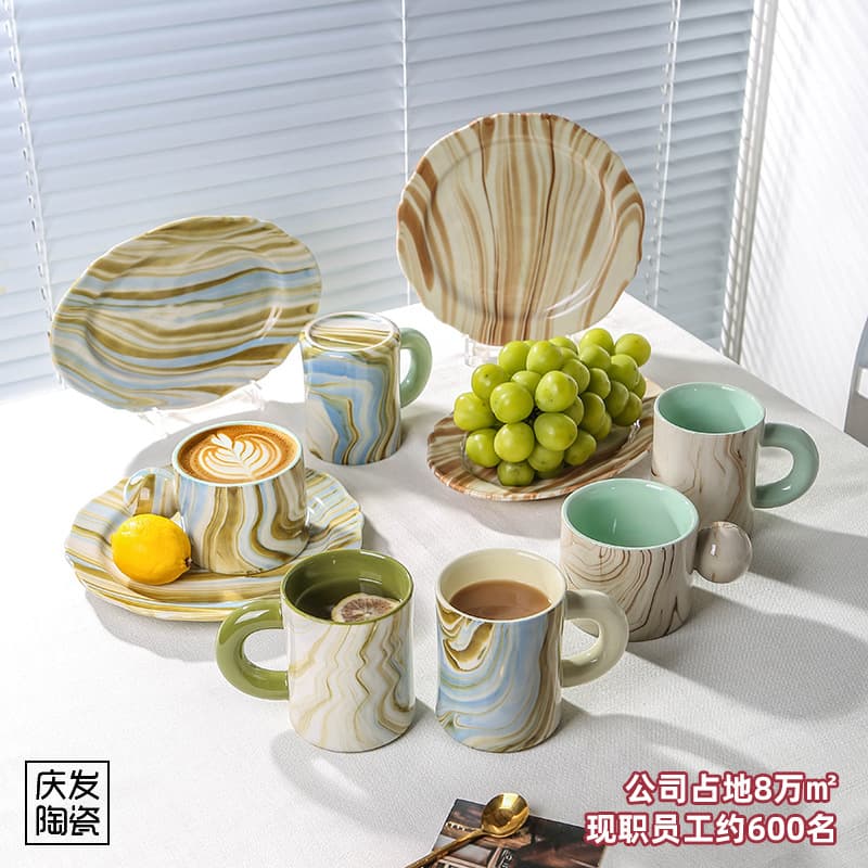 Custom Marble Tableware, Agate Texture Water Transfer Underglaze Bowl, Plate, and Dish Set, Custom 10-Inch Oval Plate
