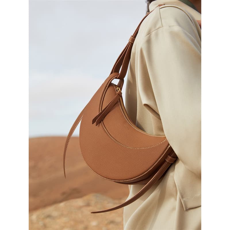 French Polene Niche Design Premium Texture Crescent Crossbody Bag for Women, Genuine Leather Underarm Saddle Bag
