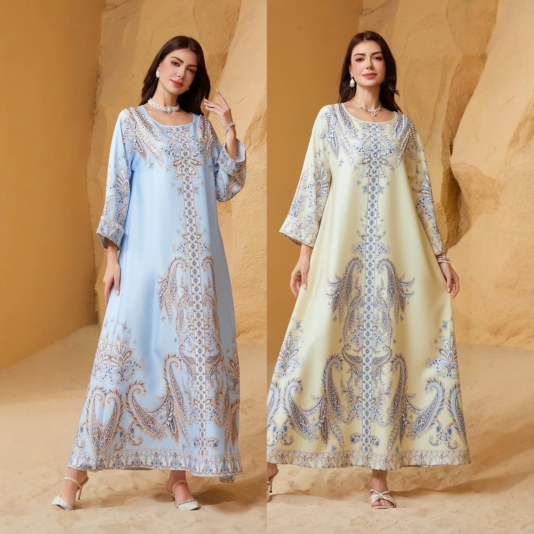 ZD011 women's robe beaded print dress round neck style diamond