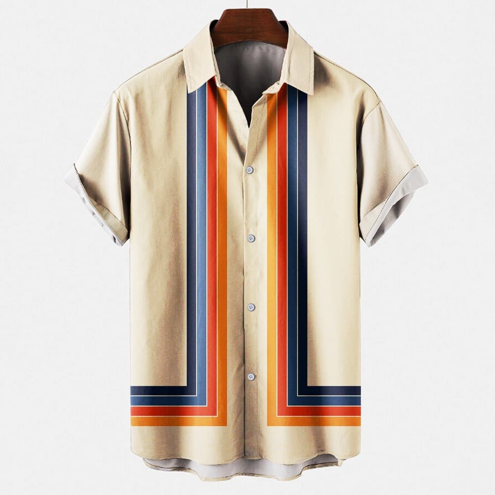 Cross-border foreign trade summer new men's shirt top striped creative 3D full print men's cardigan lapel shirt