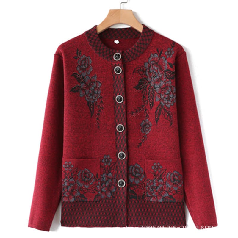 Elderly Women's Autumn/Winter Long-Sleeve Knit Top, Loose Mom Style Round Neck Base Layer Cardigan Thin Sweater Jacket