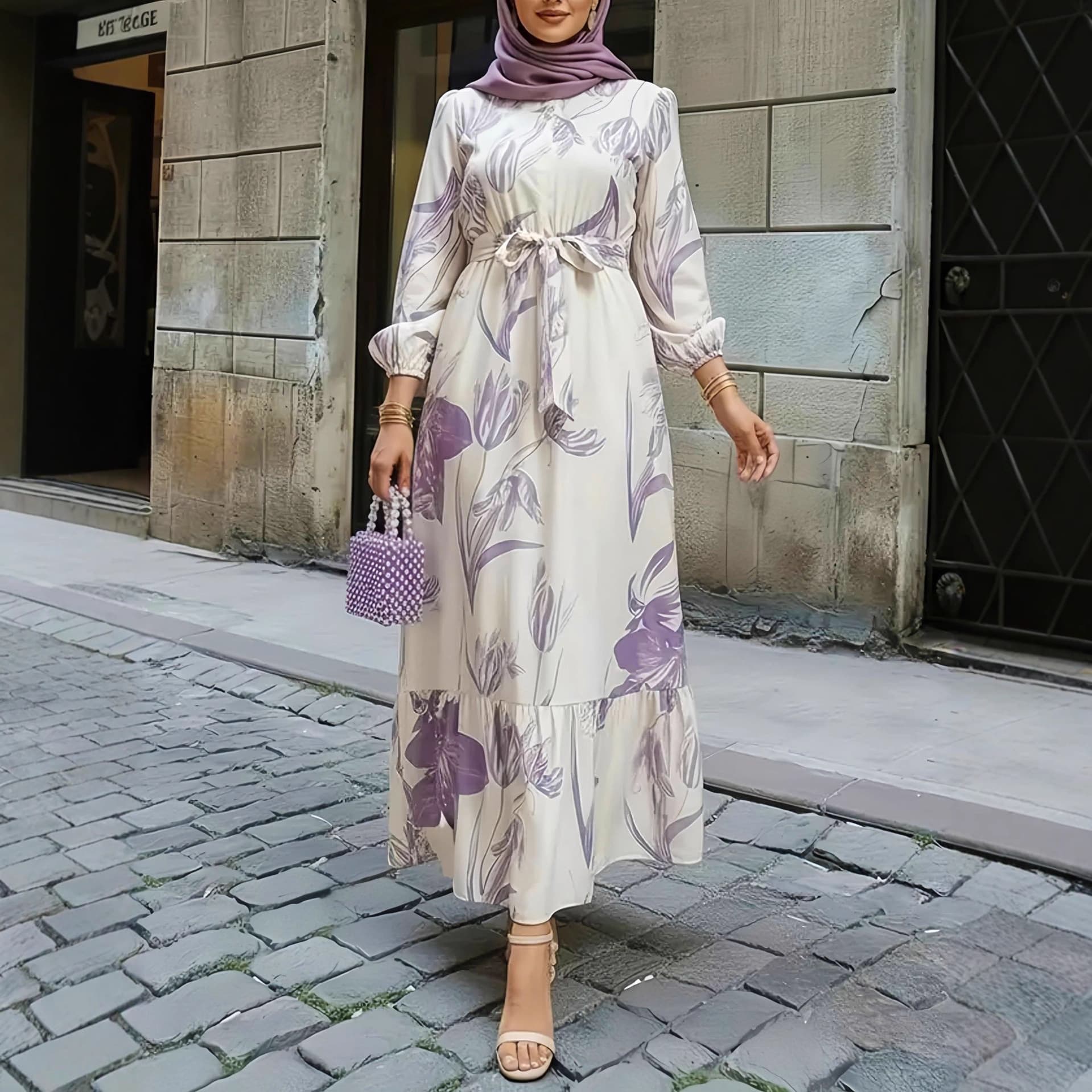 New Women's Elegant Floral Print Dress with Elastic Waist and Ruffled Hem for Cross-Border EU/US Markets