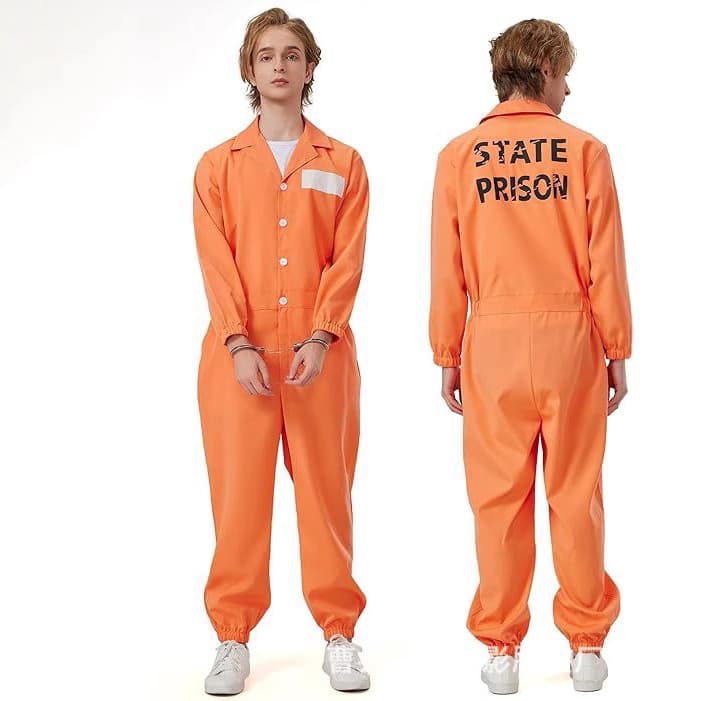 Halloween cosplay prisoner costume, inmate outfit, prison uniform, orange jumpsuit