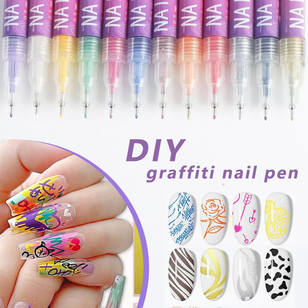 Nail Art Graffiti Pen Hand-Painted Line Drawing DIY Wearable Nail Art Painting Pen Acrylic Paint 0.5 Needle Tube Pen 12-Color Set