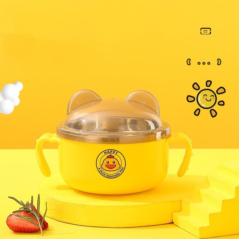 304 Stainless Steel Little Yellow Duck Children's Bowl Cartoon Baby Double-Ear Lidded Bowl Double-Layer Heat Insulation Rice Bowl Children's Day Gift