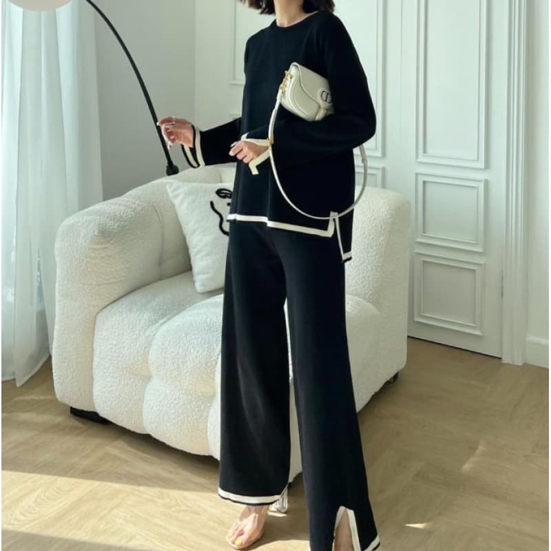 2026 Fall New Arrival Chic Contrast Color Slit Long-Sleeve Knit Top High-Waist Slimming Wide-Leg Pants Two-Piece Set
