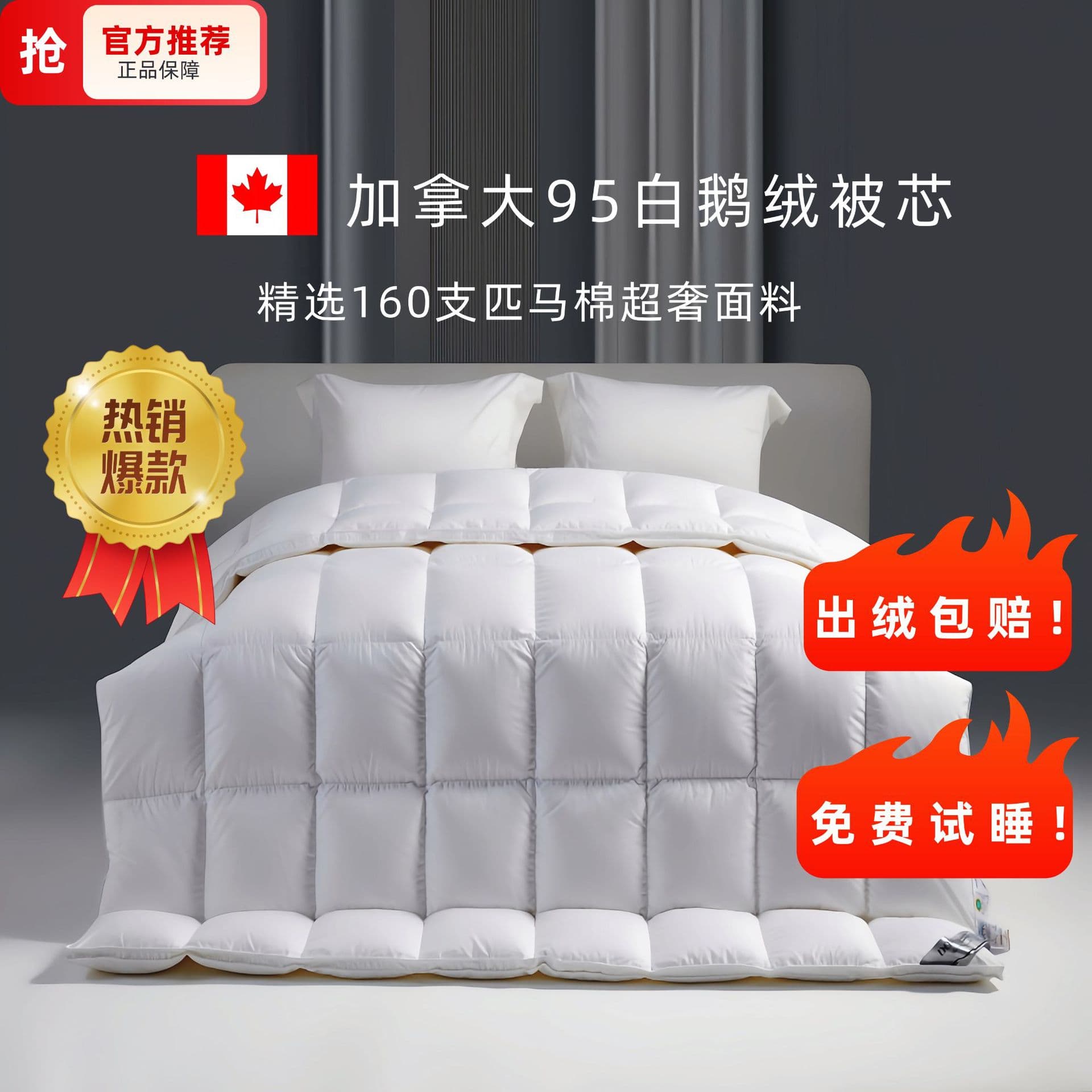 Genuine Canadian 95% White Goose Down 160-Tcount Pure All-Cotton Category A Summer Cool Duvet, Spring/Autumn/Winter Down Duvet Core