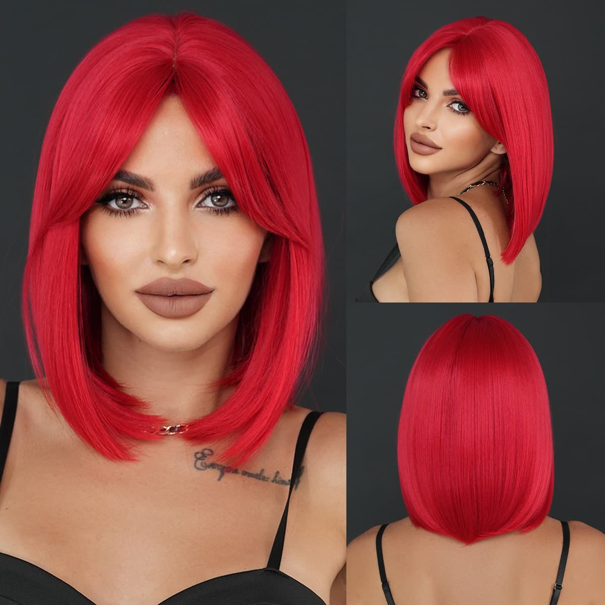 2025 European and American Halloween red short straight hair Easter red bob middle-parted eight-character bangs machine-made wig