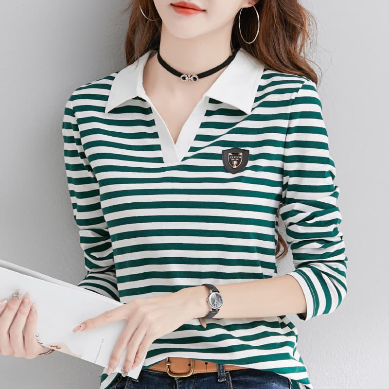 Black and White Striped Long-Sleeved T-Shirt for Women, Pure Cotton Spring & Fall Design, Niche Polo Collar, Autumn and Winter Base Layer Top