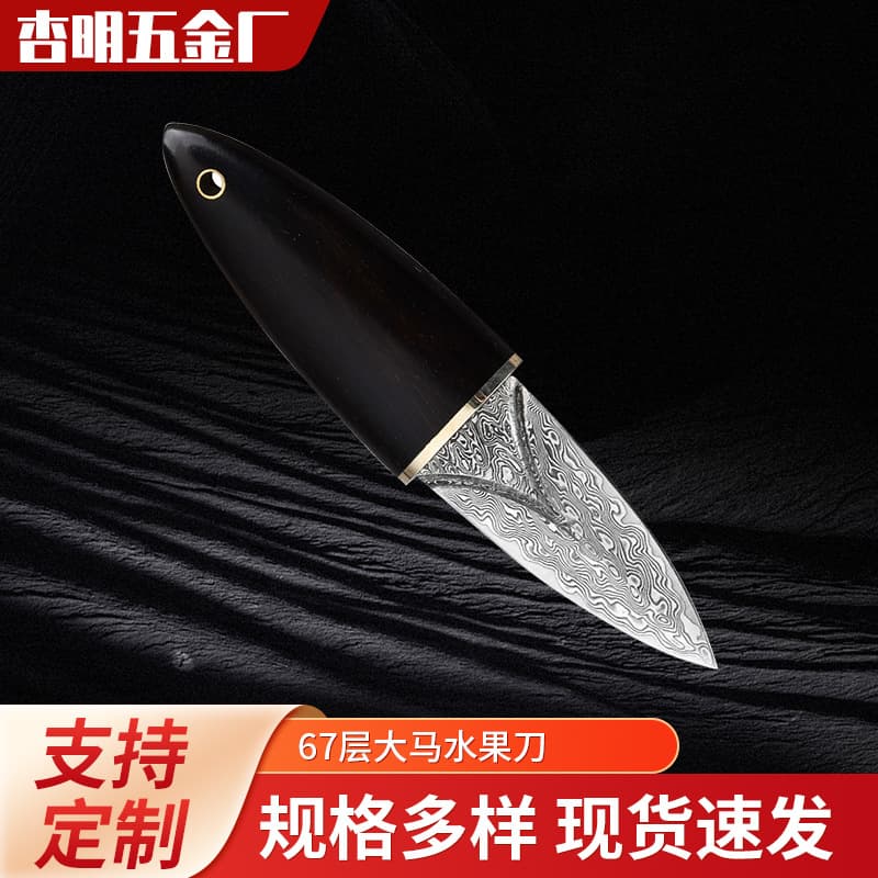 Damascus Steel Creative Fruit Knife with Sheath, Ebony Handle, Cicada Wing Double-Edged Blade, 67-Layer Damascus Forged