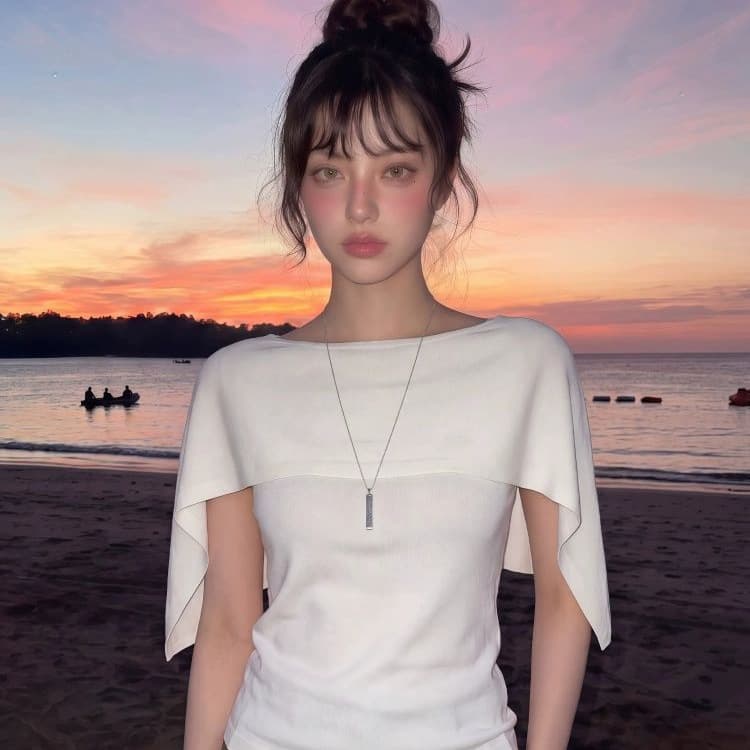 French hot girl one-shoulder cape short-sleeved T-shirt women's summer temperament relaxed waist slimming drape pure lust top