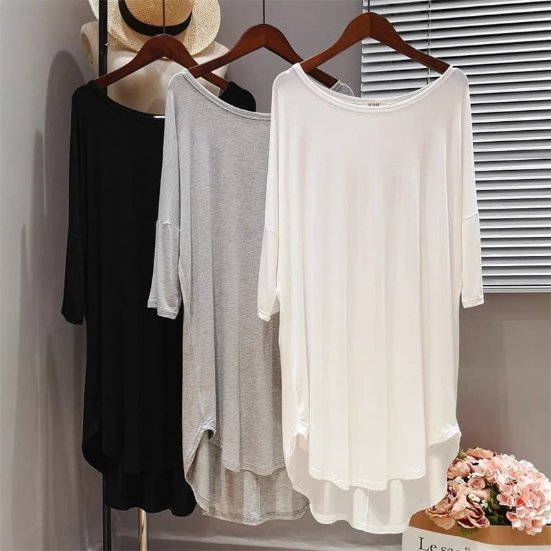 Loose Modal T-Shirt for Women Summer Korean Style Hip-Covering Slim Fit Base Tee Mid-Length Half Sleeve Long Sleeve Top