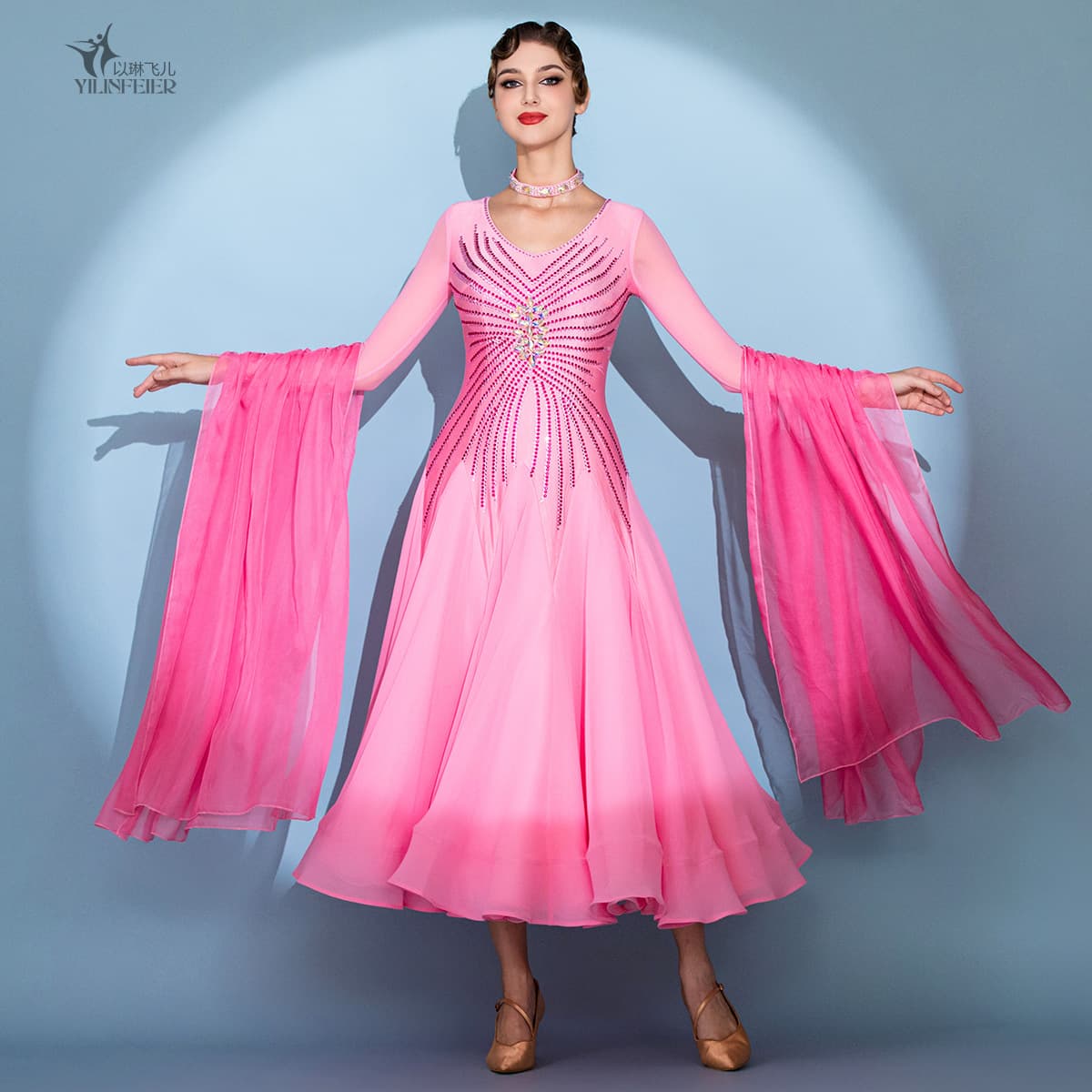 Janina's Treasure! International Standard Modern Dance S7115 Performance Competition Gown High-Customization Large-Swing Dress with Crystal Embellishments