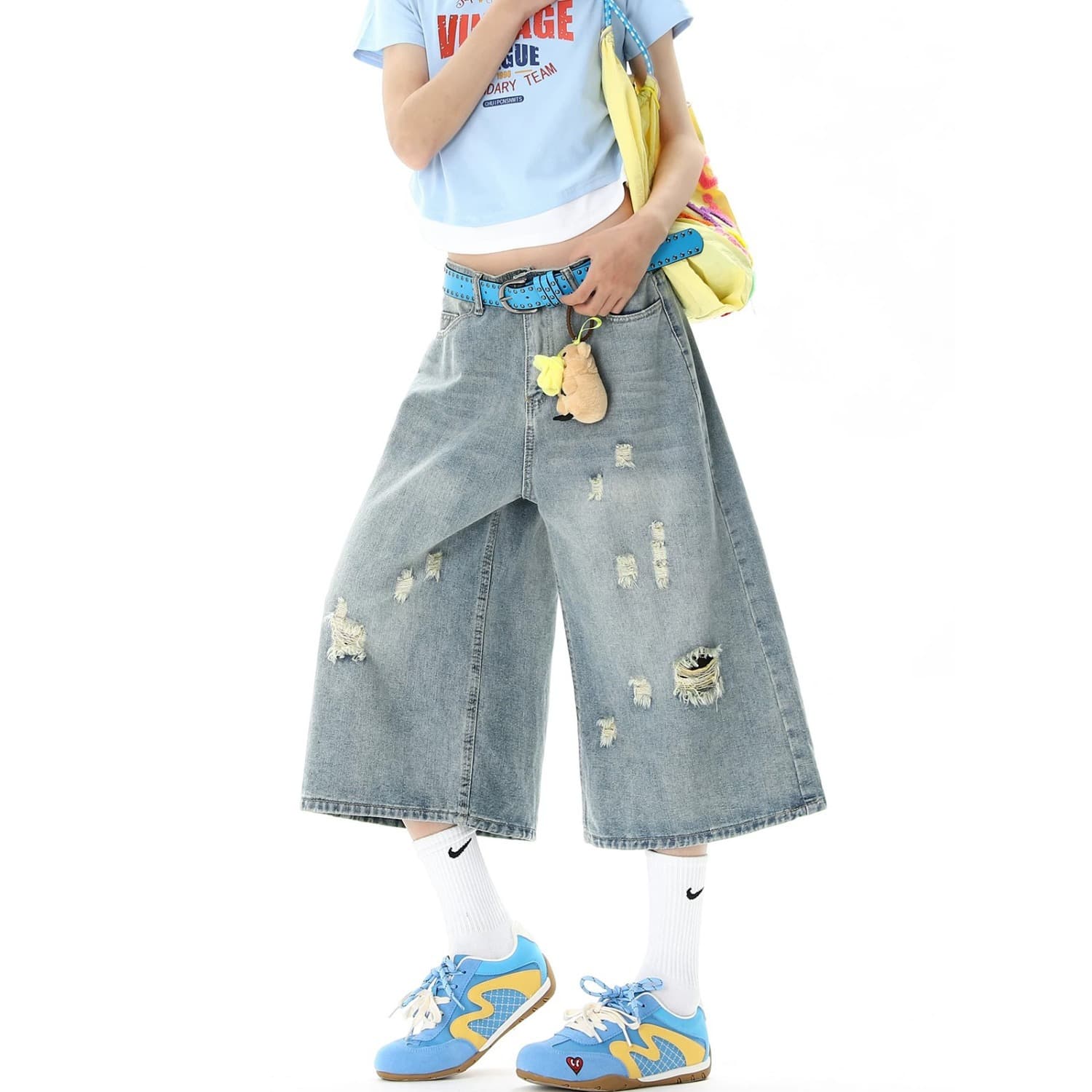 American Vintage Ripped Capri Jeans for Men and Women Summer Wide Leg Loose Distressed Washed Knee-Length Casual Shorts