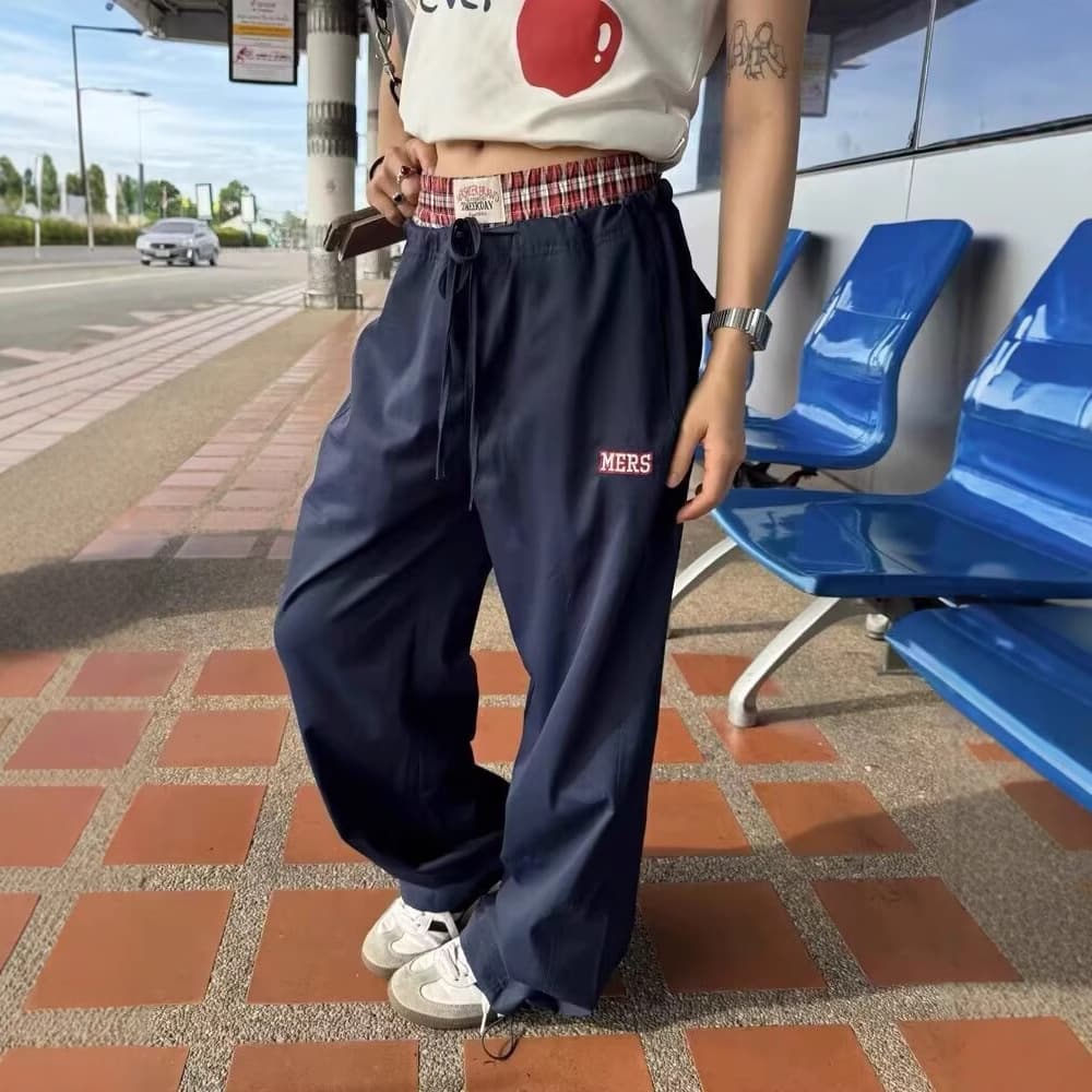 Designed Patchwork Faux Two-Piece Elastic Waist Casual Pants for Men, Autumn Loose Wide-Leg Pants, Niche Straight-Leg Pants, Floor-Length Pants