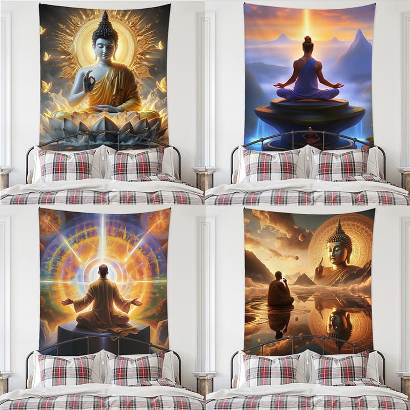 Meditation Bedroom Decor Buddha Shrine Background Cloth Digital Print Peach Velvet Bed Head Decorative Hanging Cloth Room Tapestry