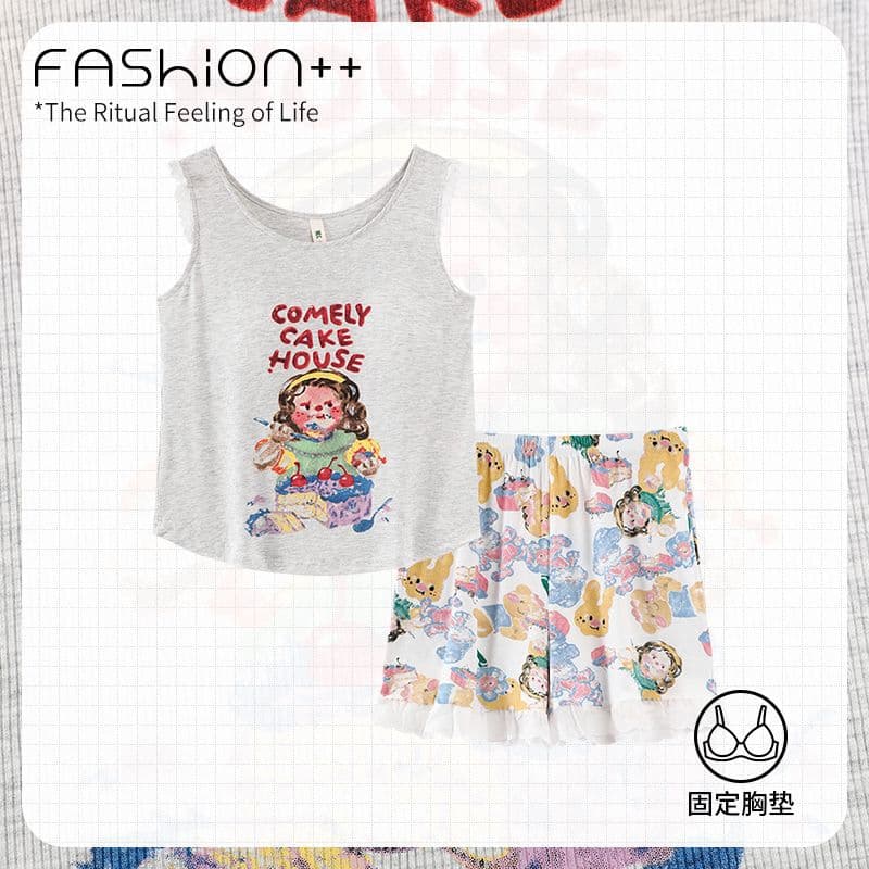 2026 New Cute Printed Sleeveless Vest and Shorts Home Wear Set with Chest Pads, Girly Pajamas That Can Be Worn Outside