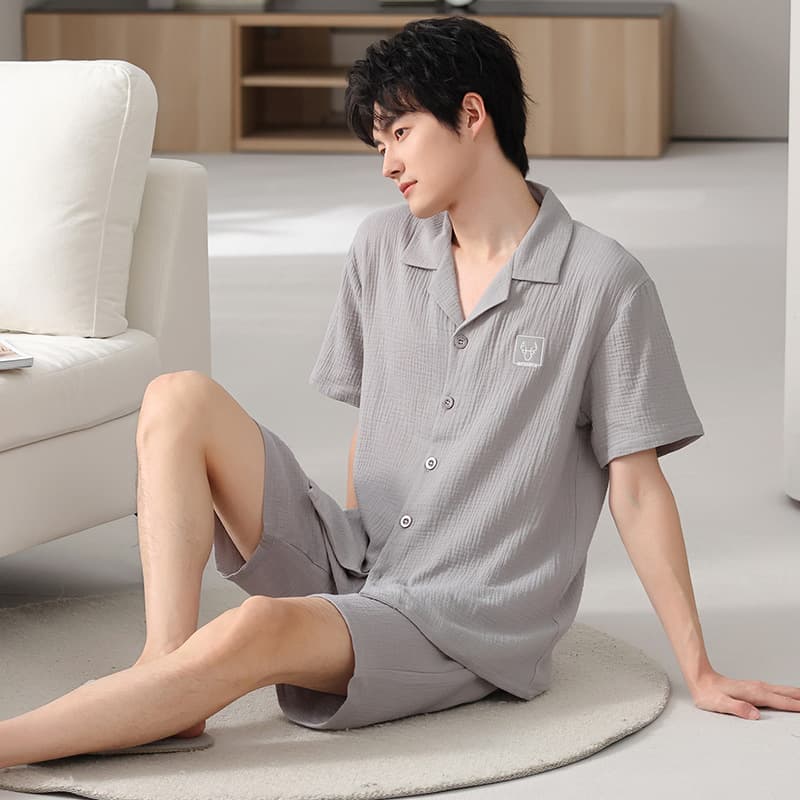 100% Cotton Gauze Pajama Set for Men - Summer Short Sleeve Cardigan, Plus Size, Pure Cotton Homewear