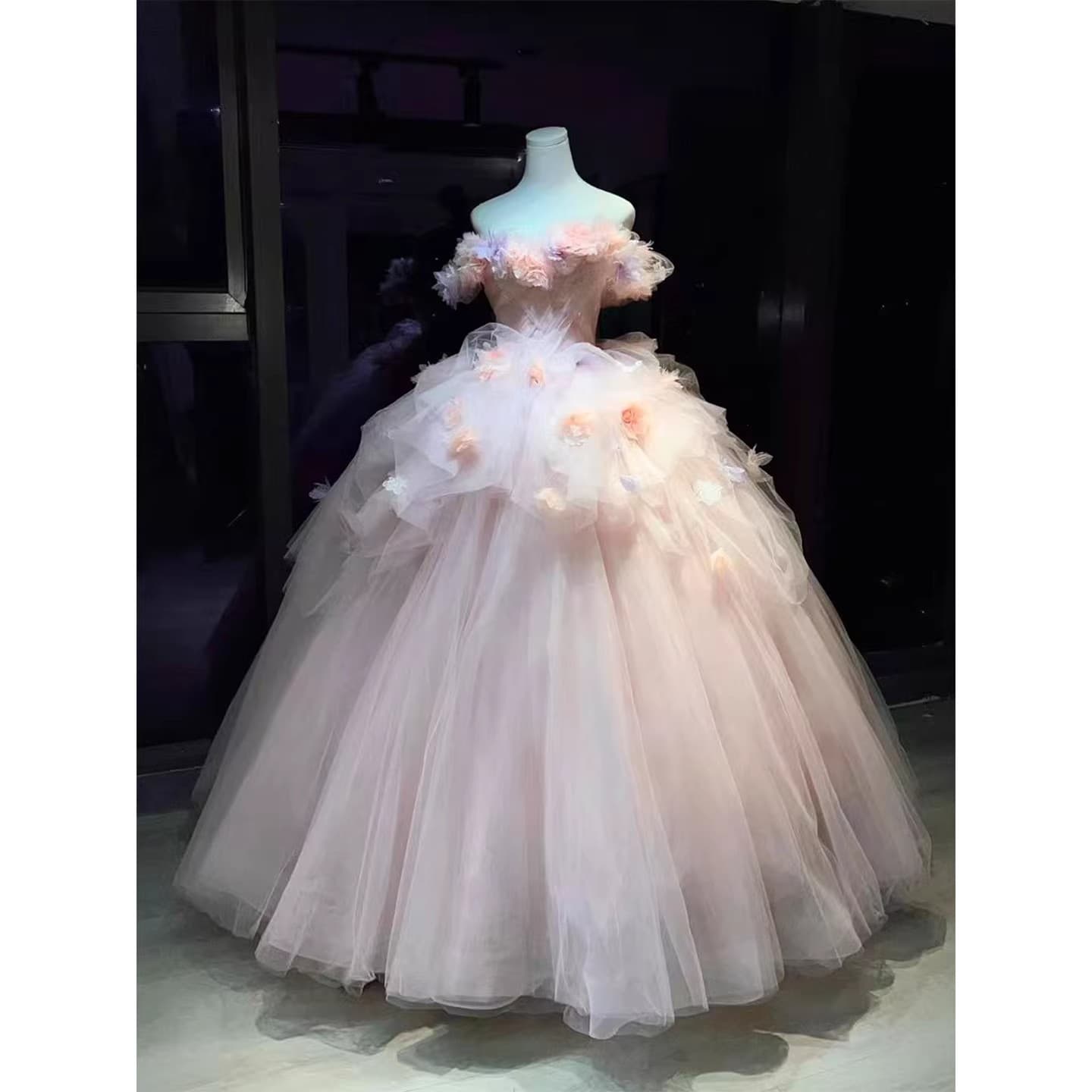 Pink Wedding Evening Dress One-Shoulder Fairy Flower Full Skirt Dreamy Runaway Princess Style Adult Ceremony Long Gown