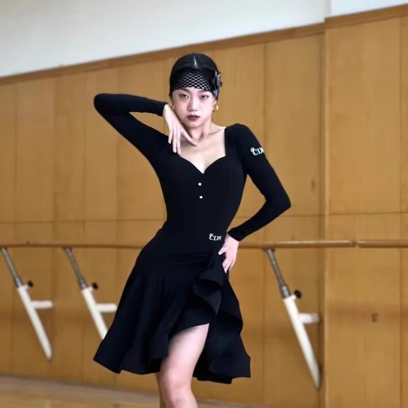CLW Brand Latin Dancewear Square Neck Latin Modern Long Sleeve Top Fishbone Flare Skirt Art Exam Performance Class Outfit