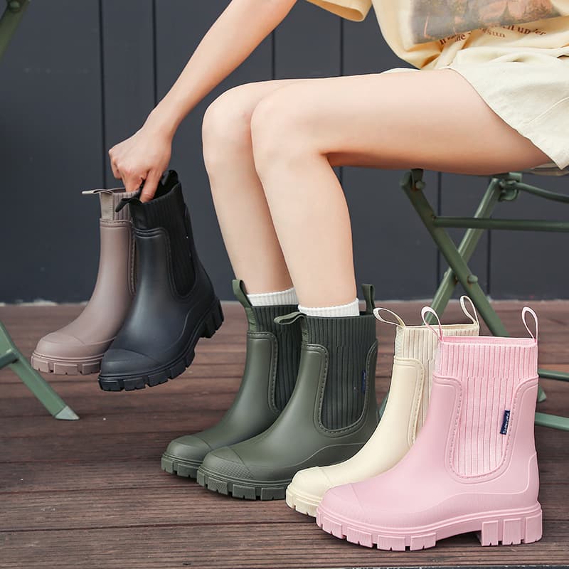 Cross-border mid-calf rain boots with elastic tops, women's Chelsea style, waterproof anti-slip wear-resistant outdoor camping boots