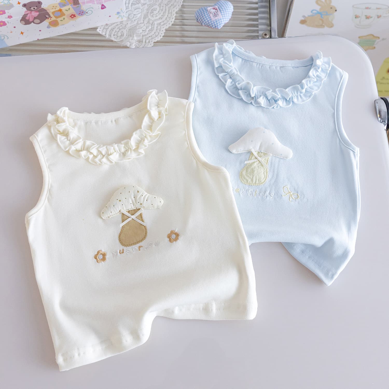 Girls' Pure Cotton Lace Collar Vest Summer New Korean Style Cute Mushroom Embroidery Sleeveless T-Shirt Baby Top Trendy 3