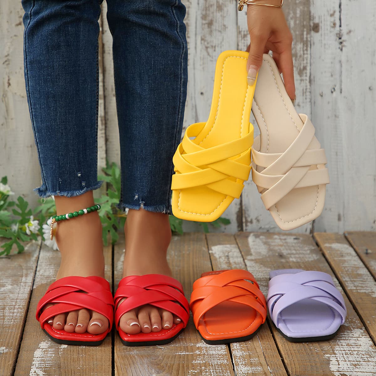 Cross-border Square Toe Flat Sandals for Women Summer 2026 New Open Toe Cross Strap Trendy Chic One-strap Slippers