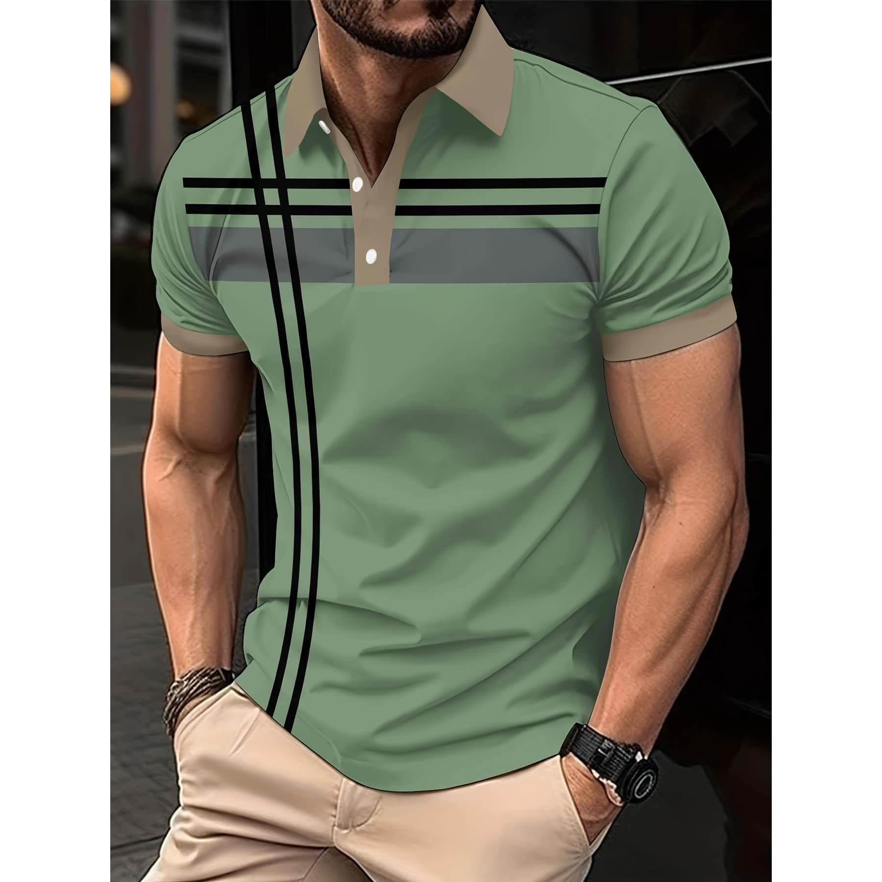 E 14594 3D Print Men's Short Sleeve Polo Shirt Simple Turn-Down Collar Polo