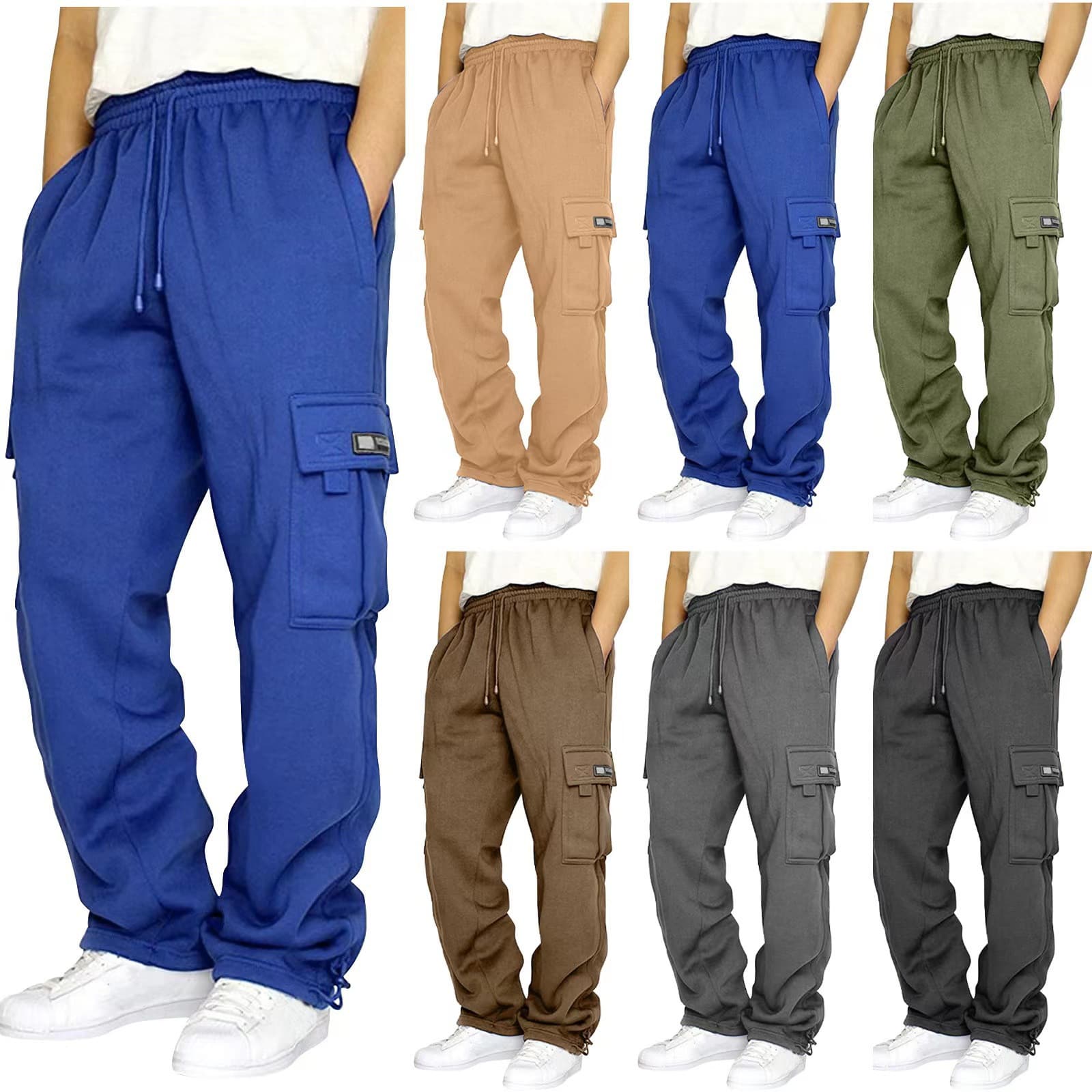 2023 Cross-border Plus Size Fleece-lined Fleece-lined Cargo Pants with Drawstring Hems, Webbing, and Leather Appliques.