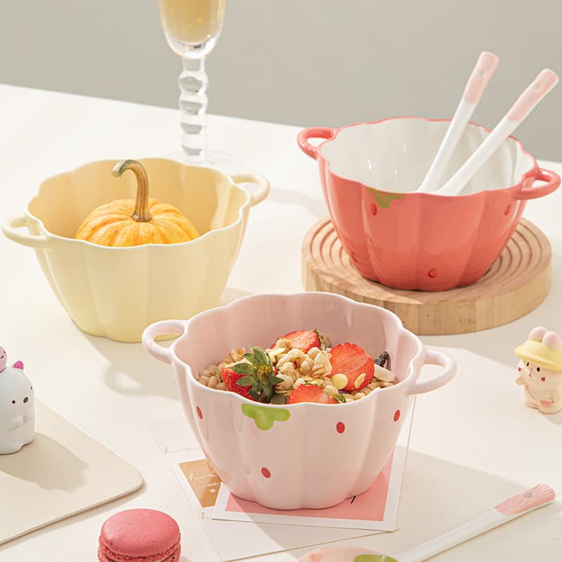 Ins Cream-Colored Double-Handle Ceramic Soup Bowl, Household Noodle Bowl, Underglaze Colored Double-Handle Instant Noodle Bowl