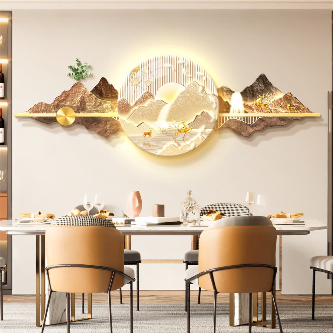 Restaurant lighting painting background wall decor, LED light horizontal banner with auspicious meaning "backed by mountains" luxury hanging artwork