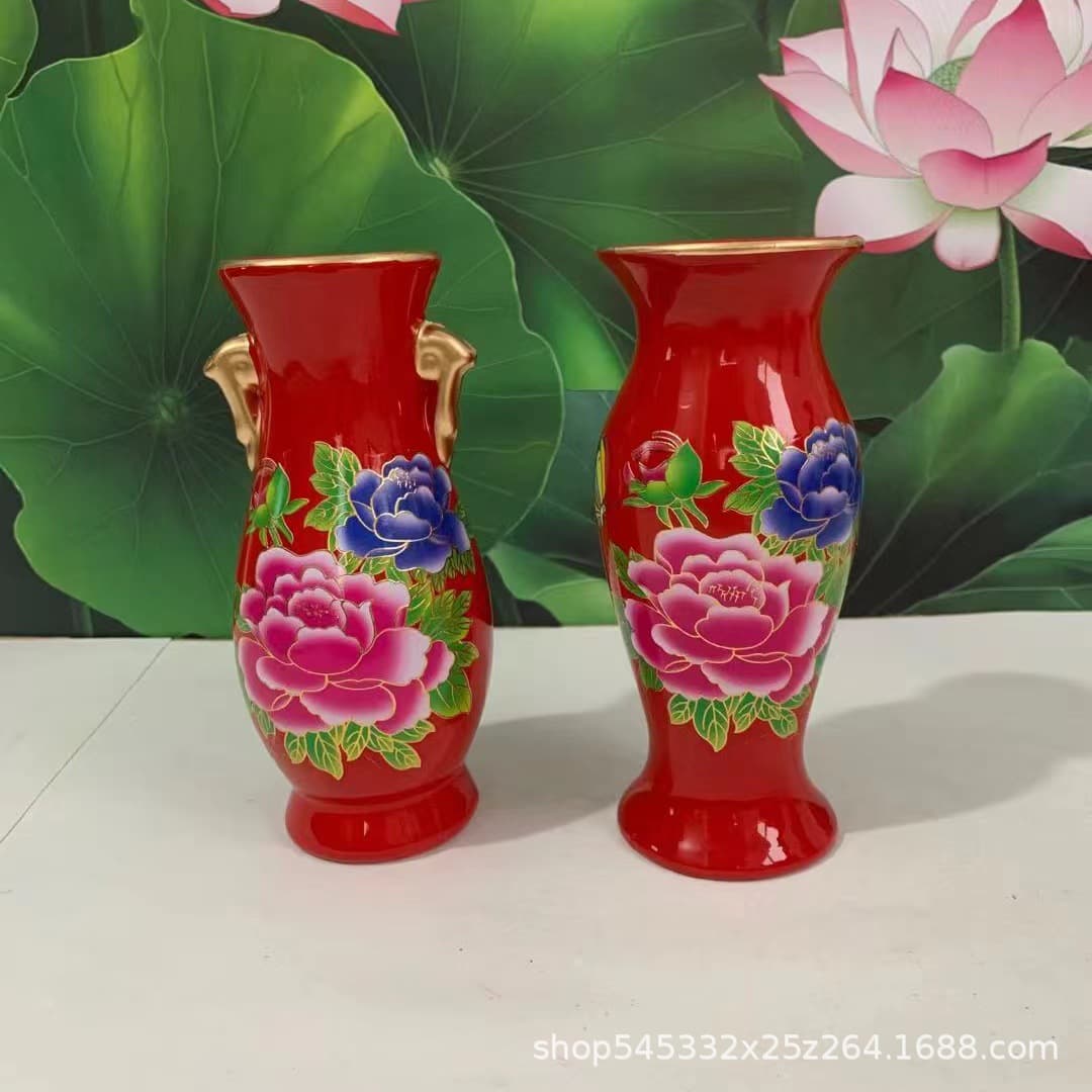 6-inch Chinese red ceramic vase, decorative item for countertops, Buddhist supplies, and flower arrangement.