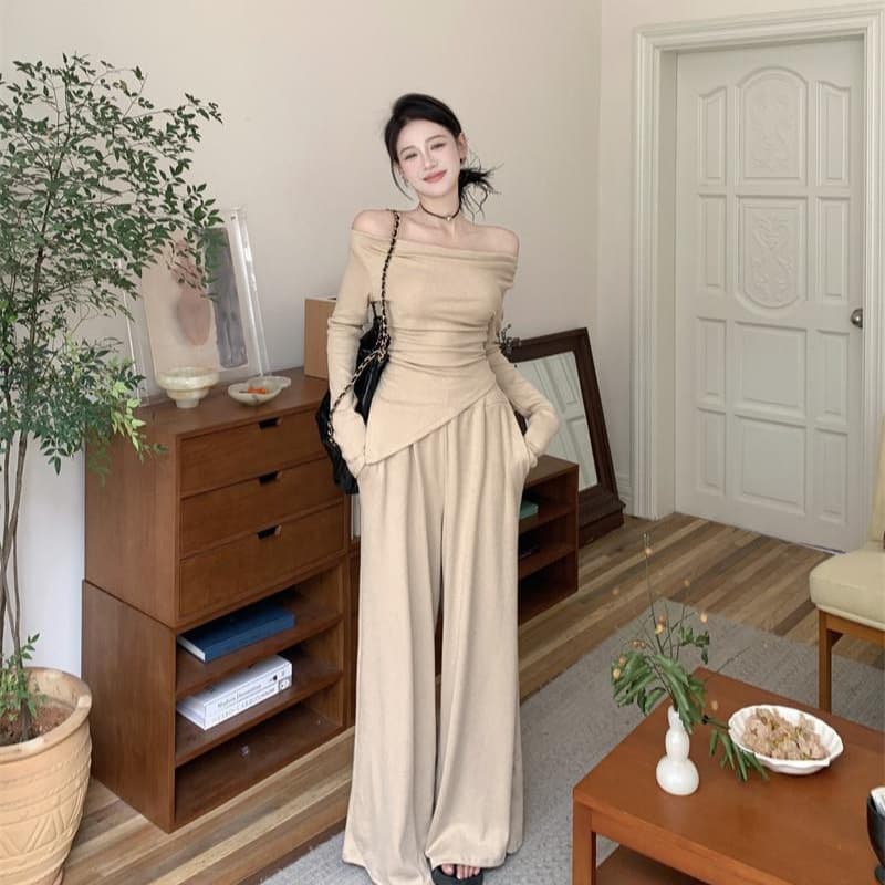 Sensual Style Women's 2025 New Autumn/Winter Off-Shoulder Long-Sleeve Top and Wide-Leg Pants Two-Piece Set