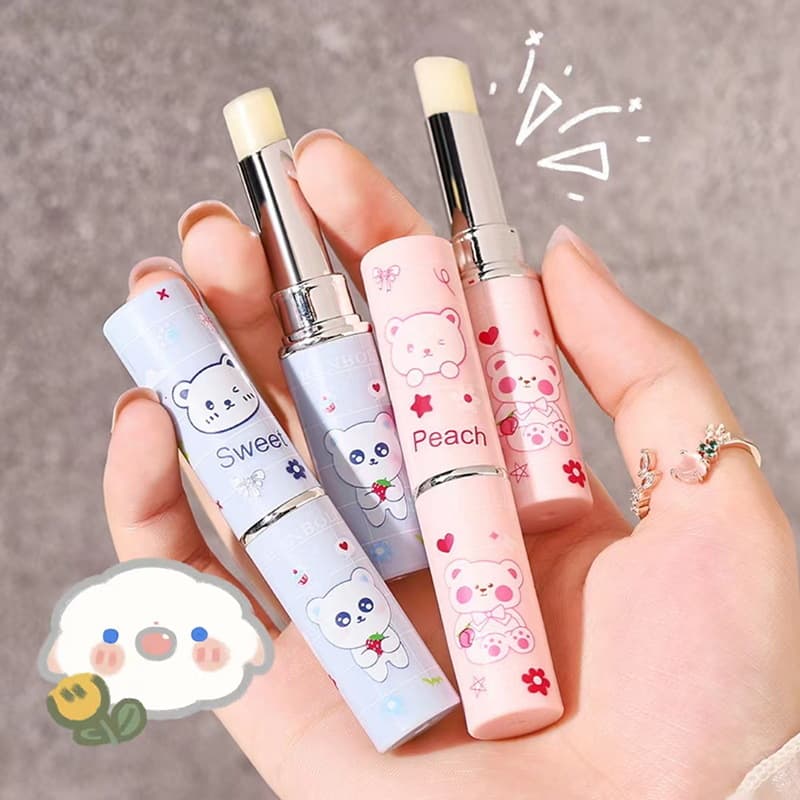 Hanboli Cute Bear Lip Balm Hydrating Moisturizing Smoothing Lip Lines Peach Strawberry Flavor Lip Balm