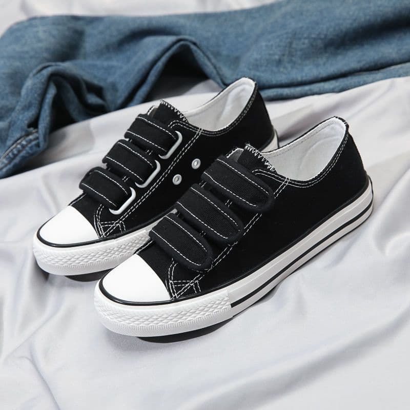 All-Black Velcro Canvas Shoes for Women, Breathable Ballerina Flats, Low-Top Casual Sneakers, Black Work Shoes, Student Skate Shoes