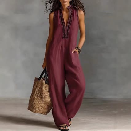 2026 Summer New Women's Linen Blend Sleeveless V-Neck Loose Wide-Leg Jumpsuit Vacation Casual Romper