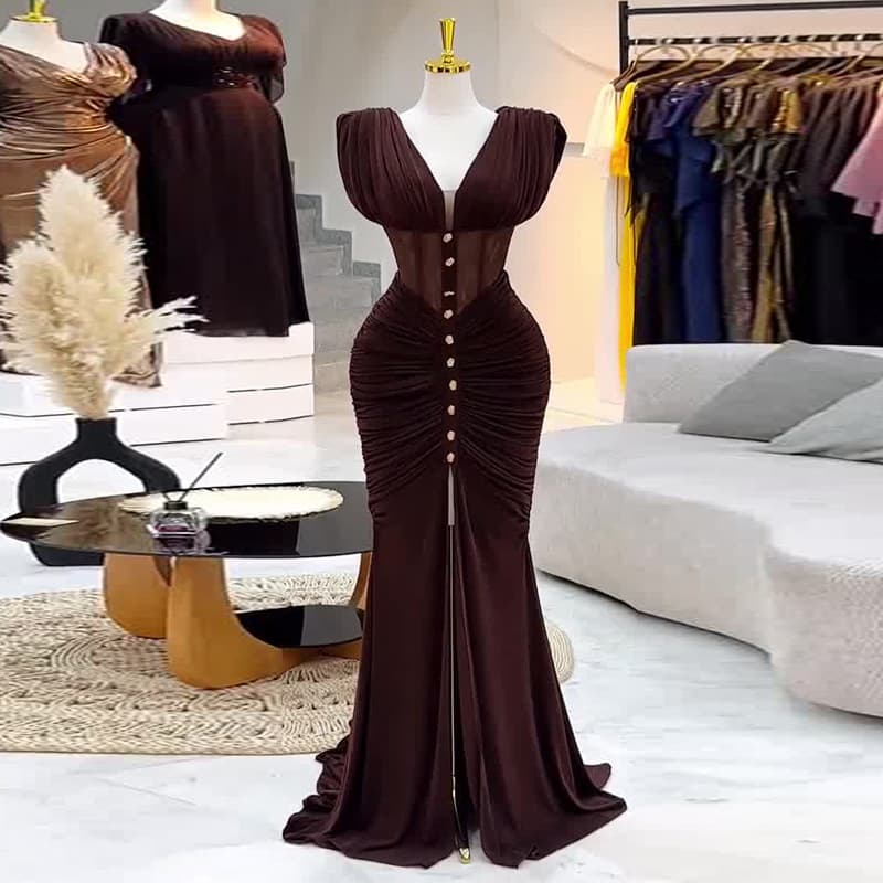 2026 New European and American Women's Amazon V-Neck Cross-Border High-Waist Pleated Sleeveless Dark Brown Dress