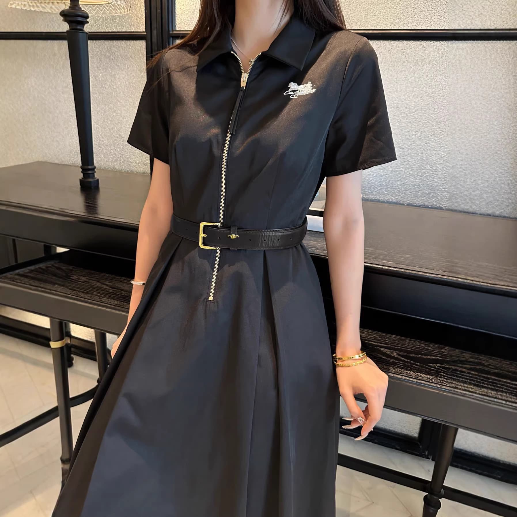 Nanyou Women's Wear 2026 Summer CE New Dress with Chest Embroidery Carriage Logo and Waist Metal Small Badge