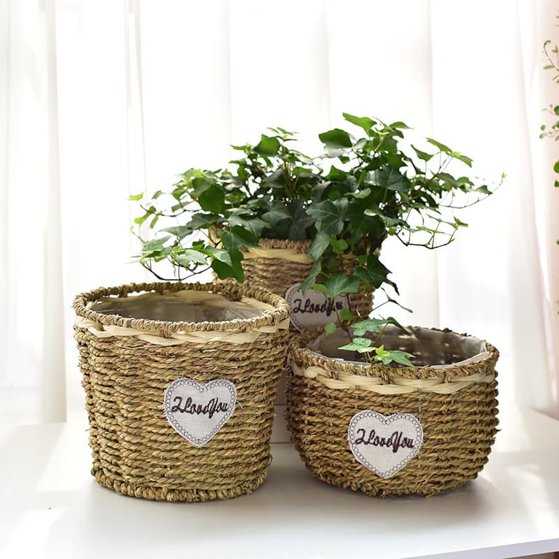Handwoven Woven Grass Flower Basket, European Countryside Living Room Balcony Desktop Decoration, Pothos Green Plants Succulent Rattan Planter