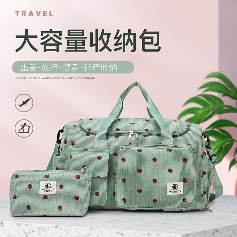 2025 Cross-Border New Bag Large Capacity Luggage Bag Fitness Bag Strawberry Print Crossbody Bag Corduroy Women's Bag