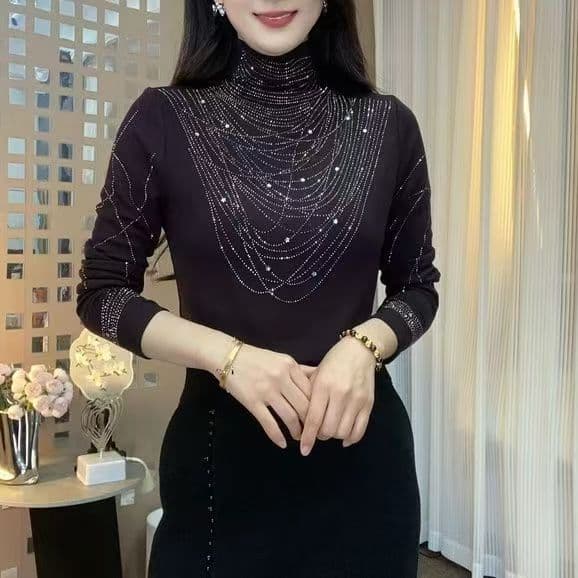 New Autumn/Winter Heavy Rhinestone Slimming Fashionable Half Turtleneck Long Sleeve Women's Tummy-Control Fitted Top
