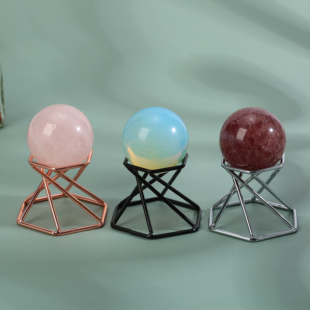 Natural Crystal Ball Metal Base Double-Sided Display Stand Holder for Mineral Specimens, Raw Stone Decorative Ornament