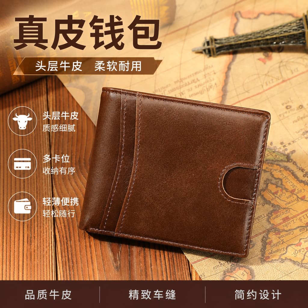 Top Grain Leather Men's Wallet Vintage Genuine Leather Billfold RFID Anti-Theft Multi-Card Wallet Cross-Border Custom